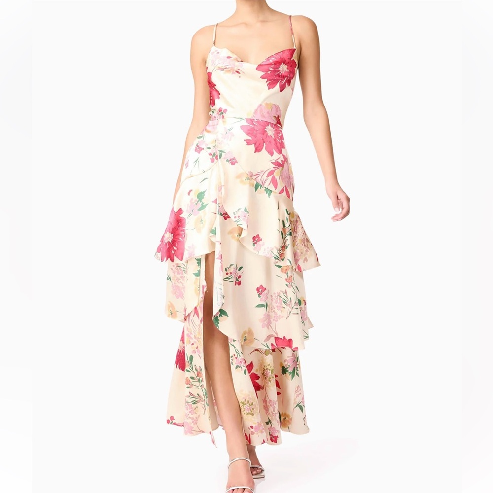 elliatt rosalina pink cream floral print tiered satin maxi dress size small new
